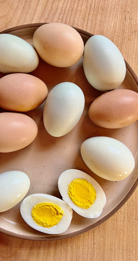 Rainbow chicken eggs on ceramic plate