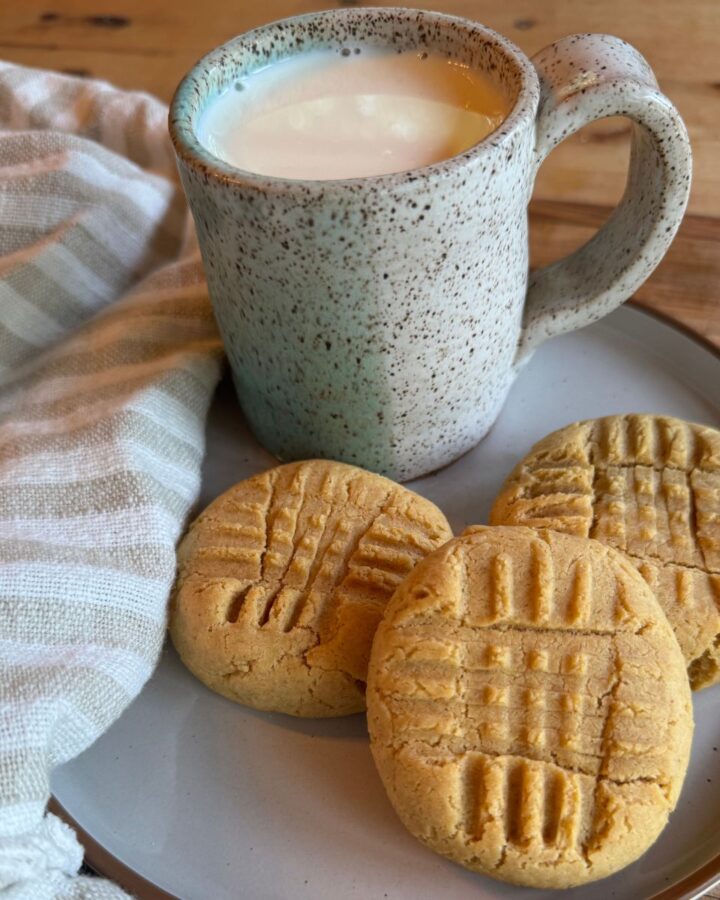 Cookies on a plate with a napkin and mug of milk